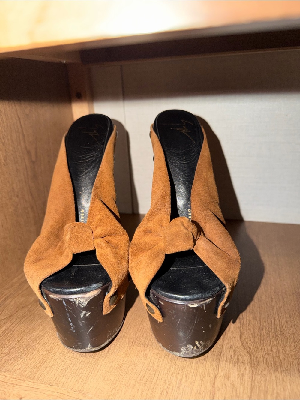 Giuseppe Zanotti Tan Suede Knot-Front Platform Mules